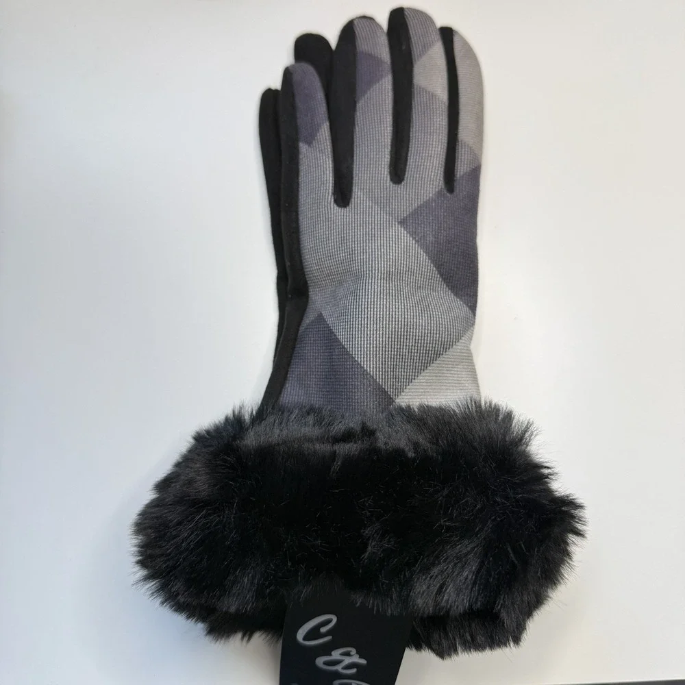 Faux Fur Winter Texting Gloves Ladies NWT One Size Black Gray
